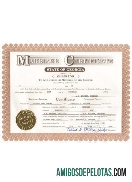 Certidão de casamento nos EUA na Geórgia amostra